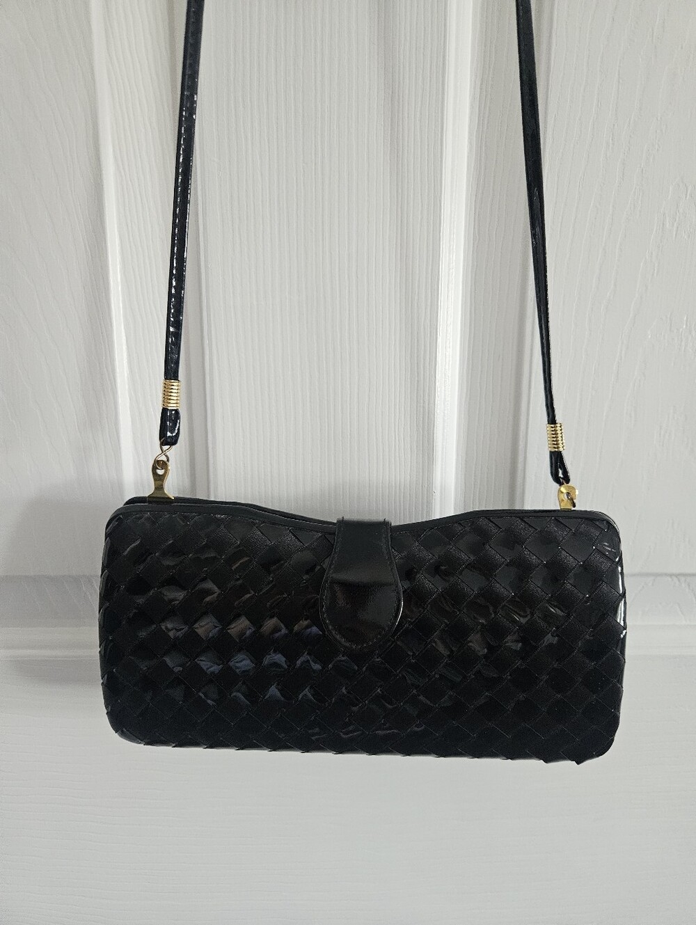 Vintage Bottega Style Black Woven Patent Leather Crossbody/Clutch Bag